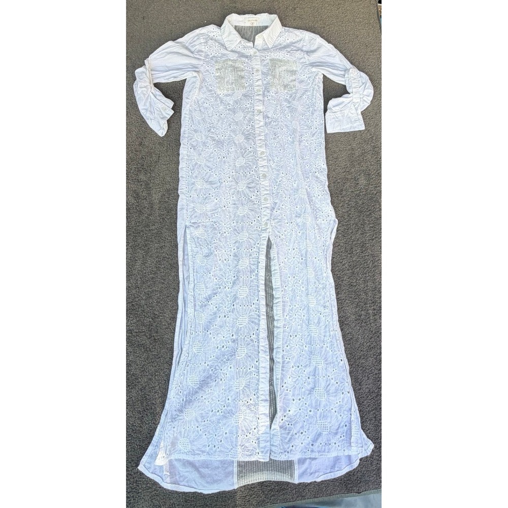 Solitaire White Eyelet Sequin Pocket Mesh Back Maxi Shirt Dress Sz M